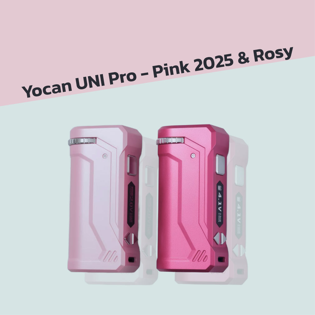 Yocan UNI Pro in pink on the left and rosy on the right, both laid on a flat surface