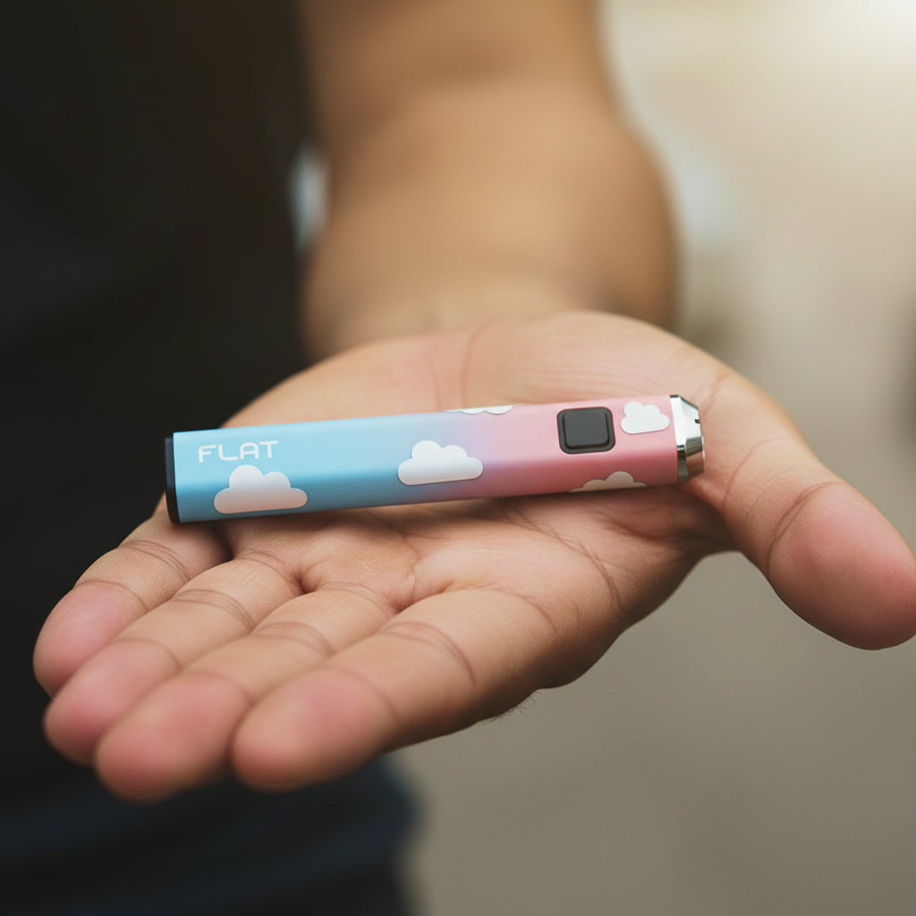 Yocan Flat 510 Thread Battery in blue and pink gradient color with cloud stickers on it